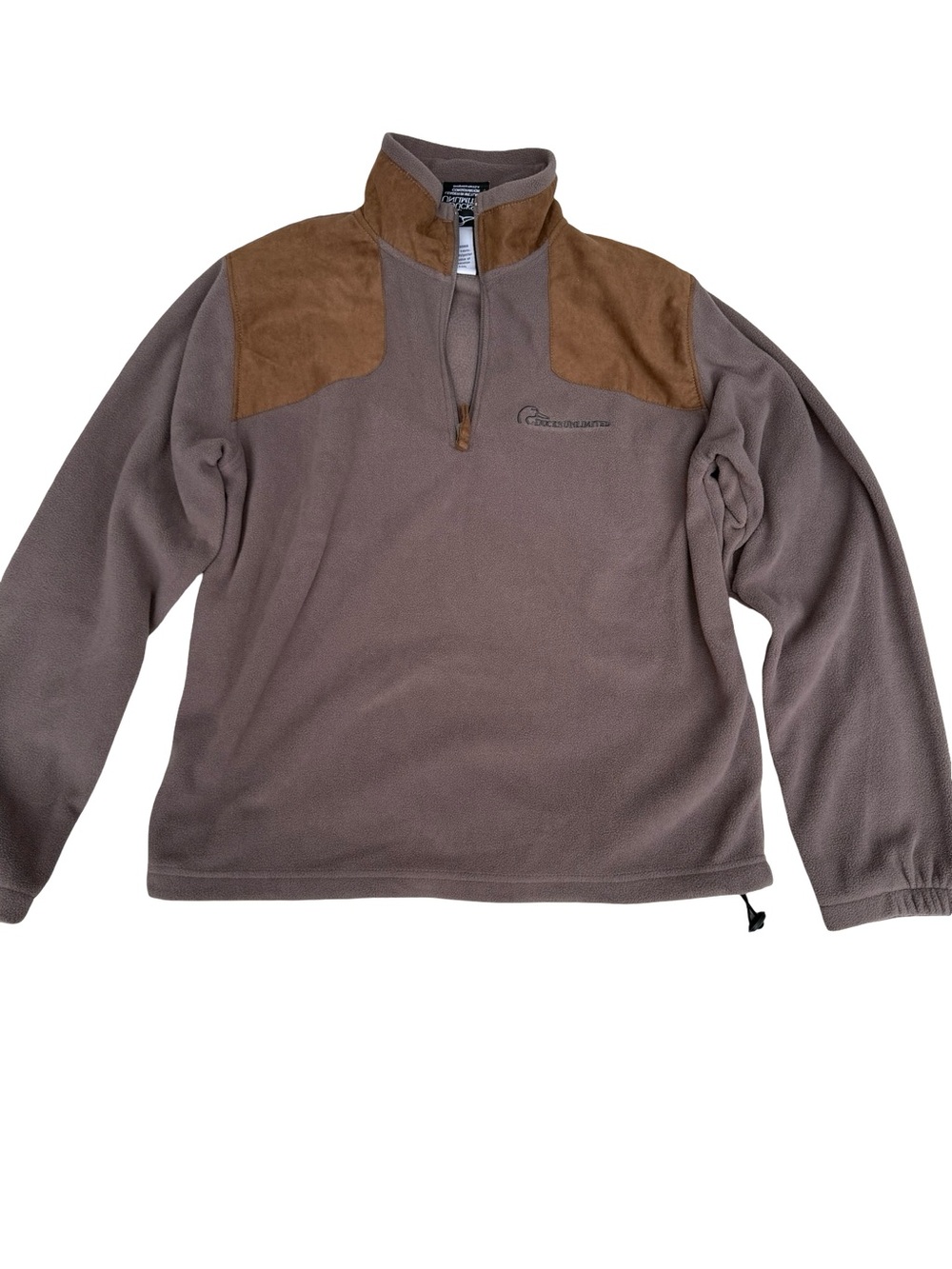 Ducks Unlimited Fleece 1/4 Zip Pullover Mens M Taupe Brown Suede Shooting Patch